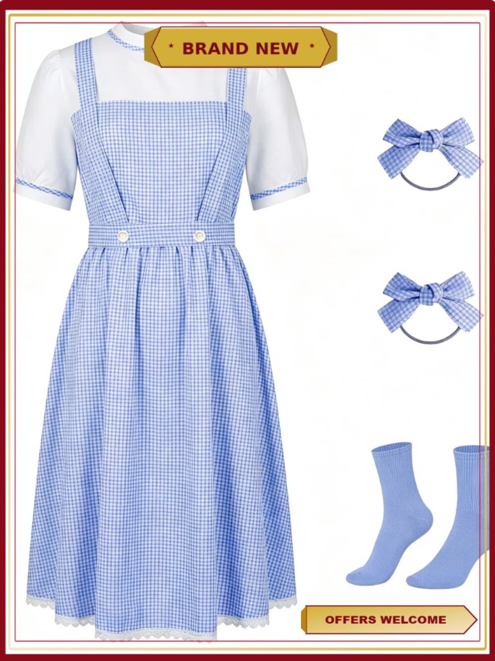 Women's Dorothy Halloween Costume Dress Set with Socks & Hair Bows